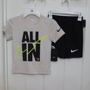 NWT 2pc Nike 3 Brand Beige All In Shirt & Black Print Shorts Set sz 4 6 or 7